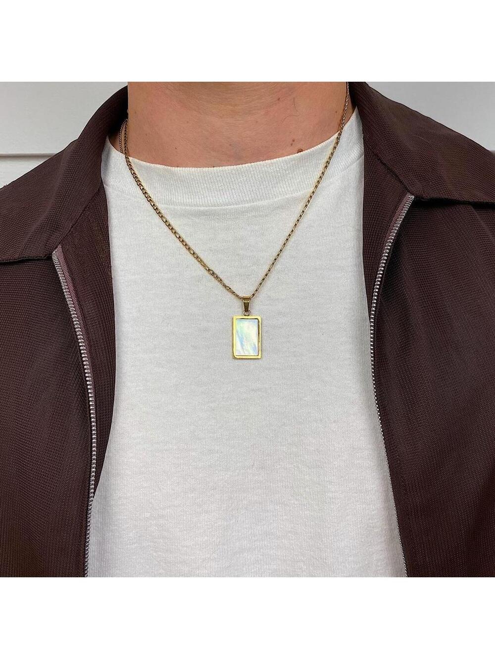 Stainless steel y2k 2000s style Big Square Opal Pendant Gold necklace